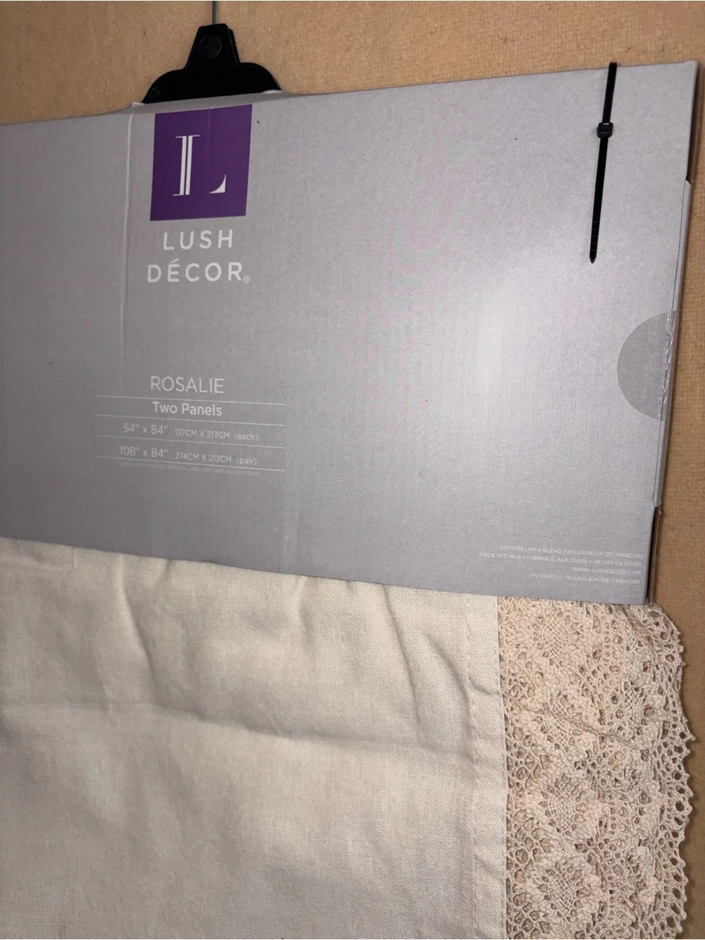 Pair Lush Decor Linen Look Beige Curtain Panels with White Lace Trim -NWT